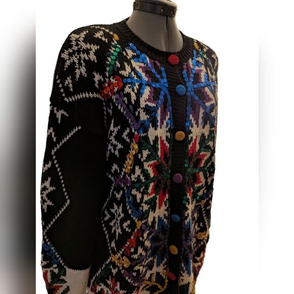Vintage 90s Debra lubell black knit sweater with sequin snowflakes - Picture 4 of 7